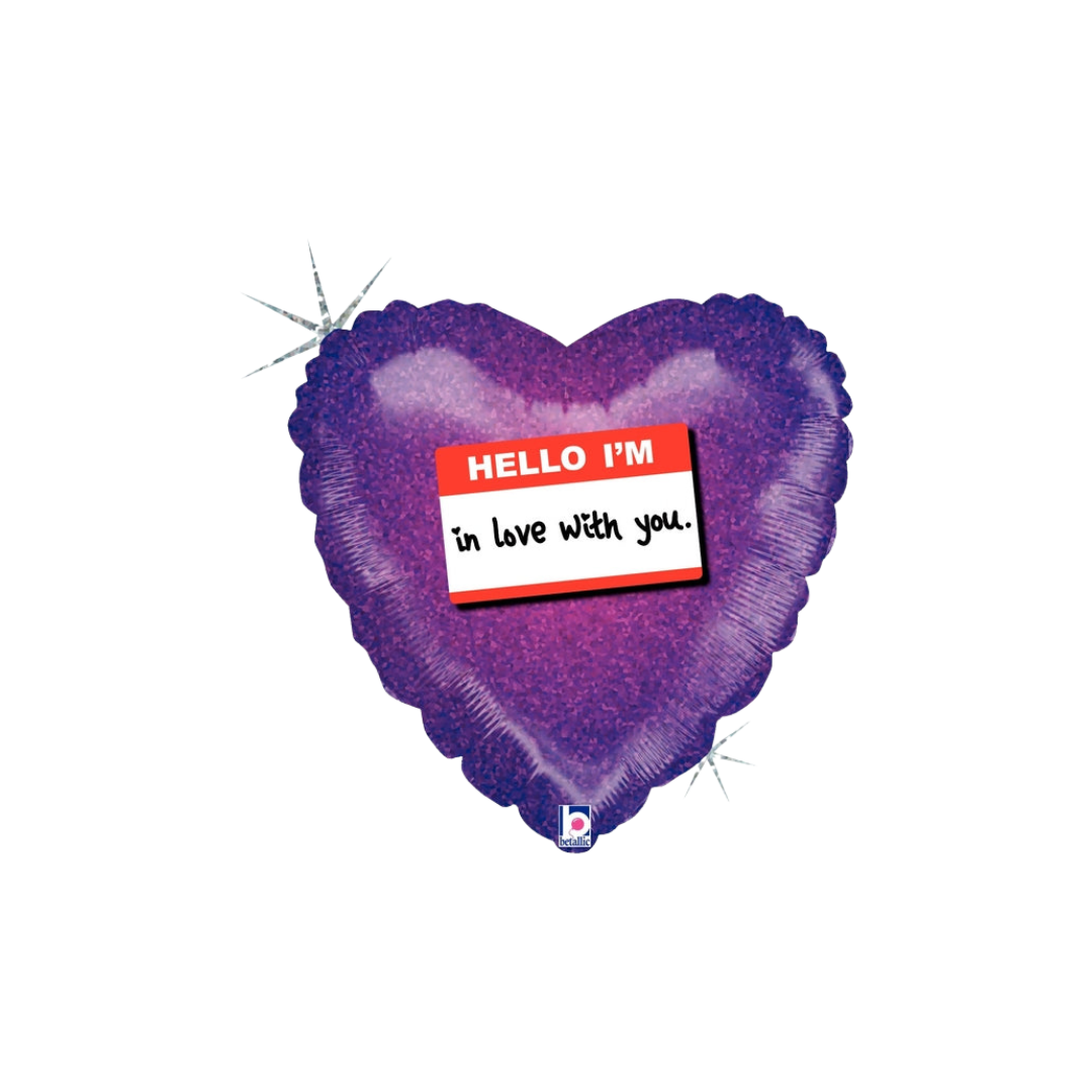 Purple heart holographic balloon with Hello I'm in love with you note Valentine gift from Parte Haus party supply store in Bethesda MD