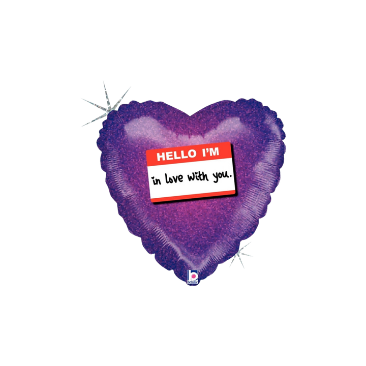 Purple Heart Holographic Hello I'm In Love with You Foil Balloon, 18in