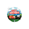 Holographic emergency vehicle birthday foil balloon with fire truck and police car from Parte Haus party supply store in Bethesda MD.