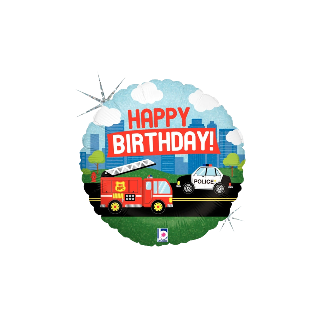 Holographic emergency vehicle birthday foil balloon with fire truck and police car from Parte Haus party supply store in Bethesda MD.