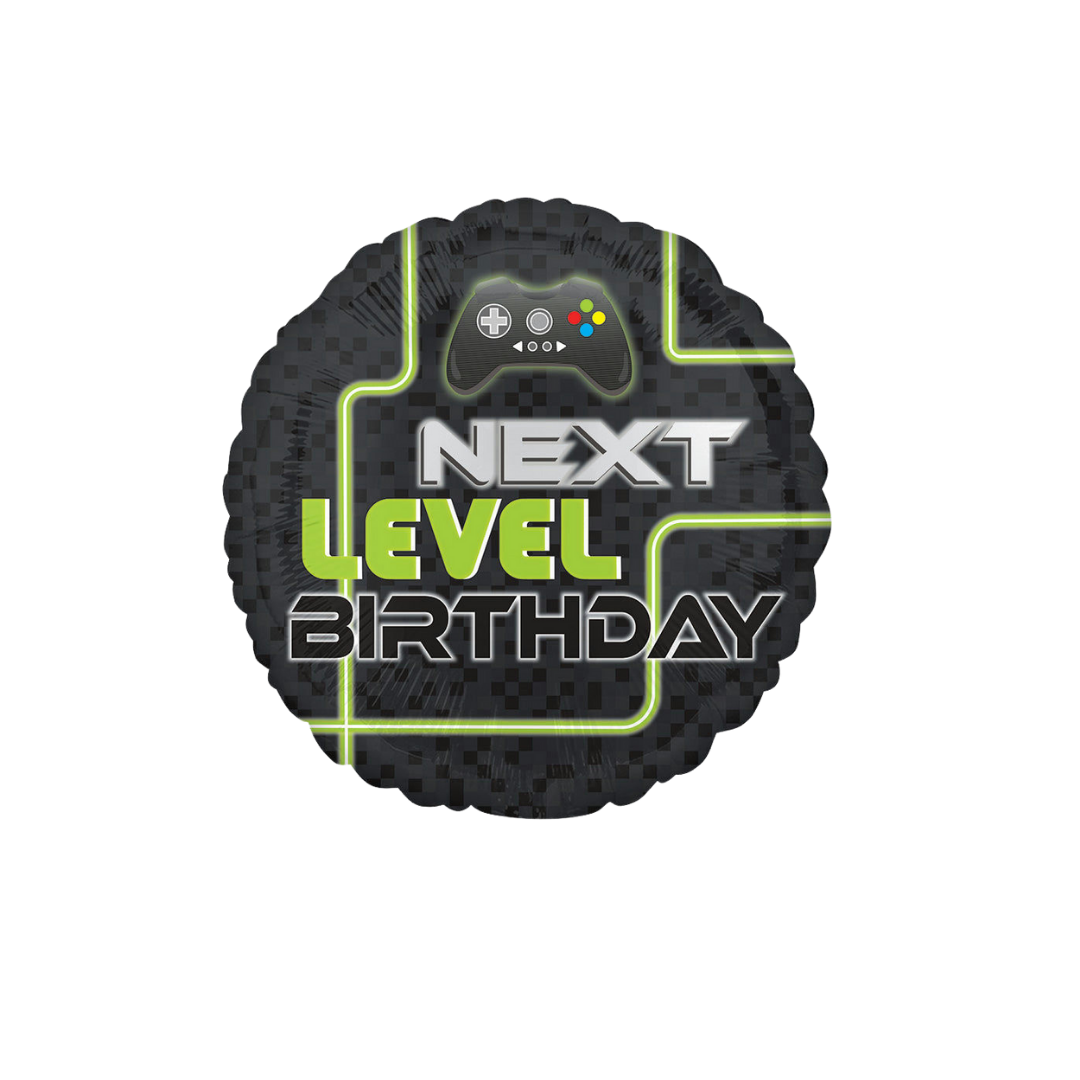 Black and green gaming birthday foil balloon with video game controller graphic from Parte Haus party supply store in Bethesda MD