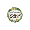 Green and gold jungle welcome baby foil balloon with leaf print for baby shower from Parte Haus party supply store in Bethesda MD