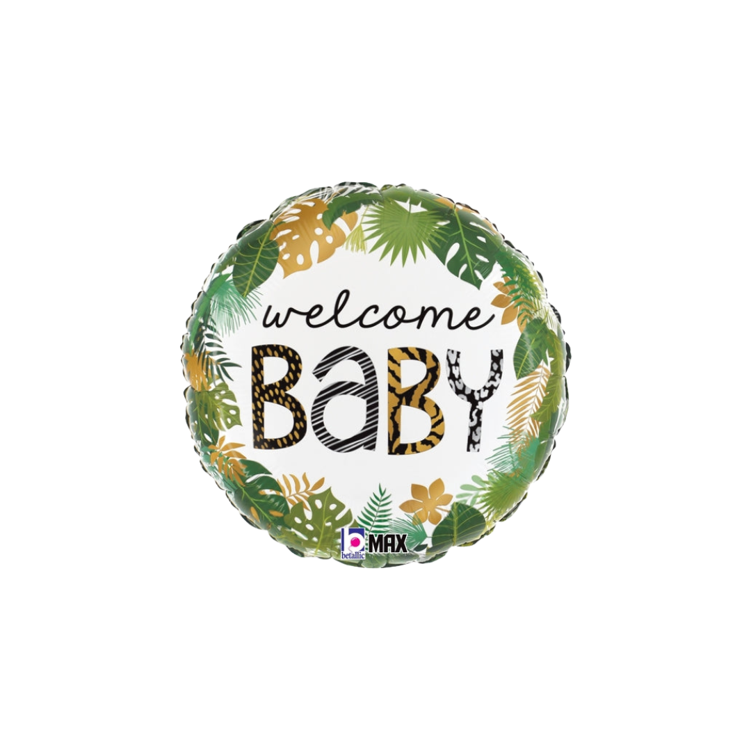 Green and gold jungle welcome baby foil balloon with leaf print for baby shower from Parte Haus party supply store in Bethesda MD