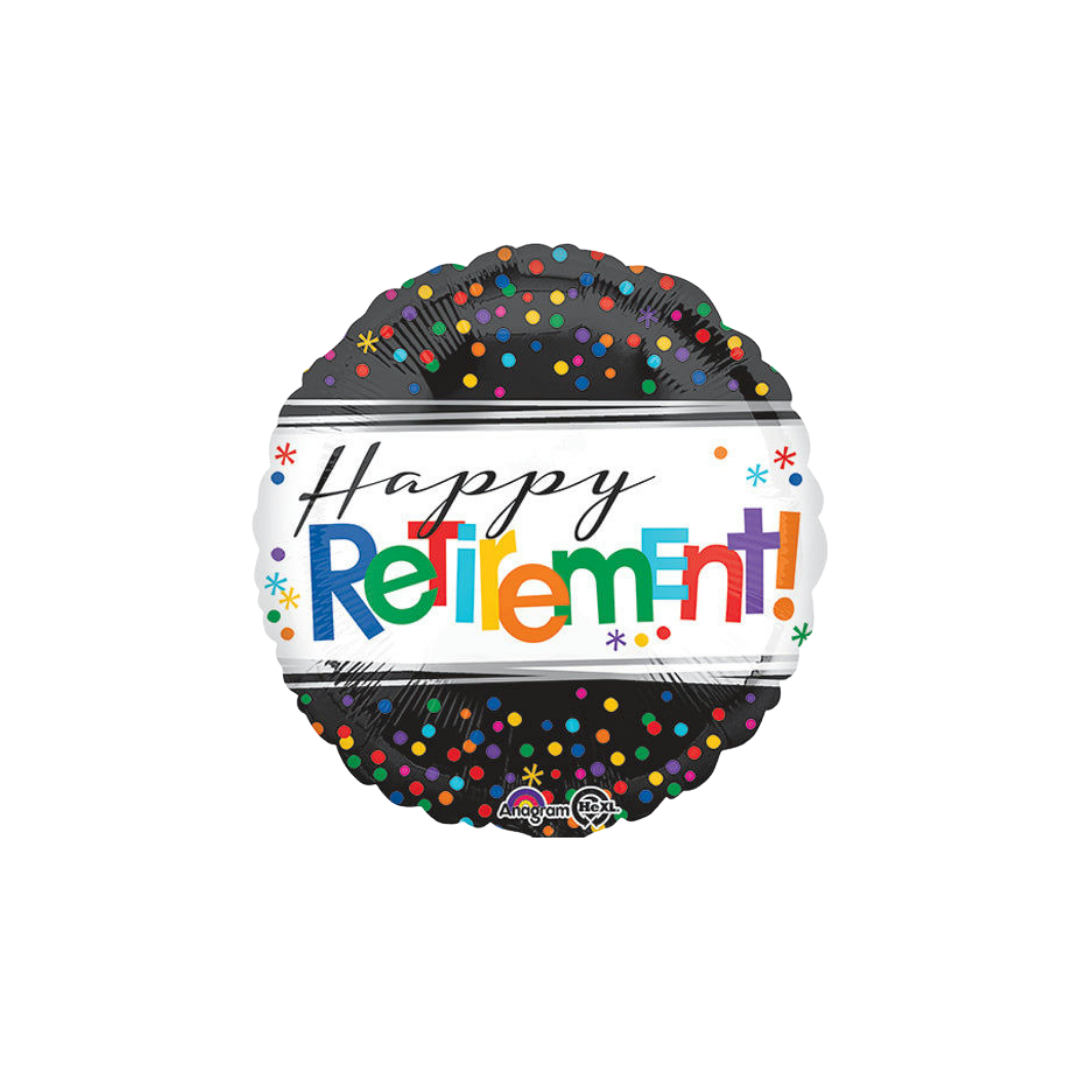 Black multicolored retirement balloon with confetti design for retirement party from Parte Haus party supply store in Bethesda Maryland