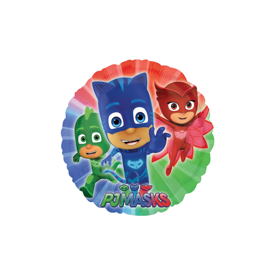 Colorful PJ Masks balloon with three cartoon superheroes for kids birthday from Parte Haus party supply store in Bethesda MD