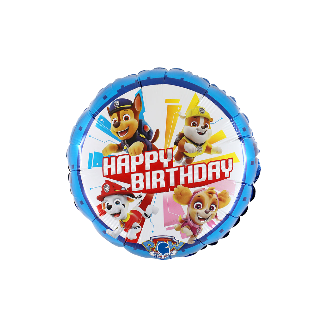 Blue Paw Patrol round birthday balloon with characters for kids birthday from Parte Haus party supply store in Bethesda MD.