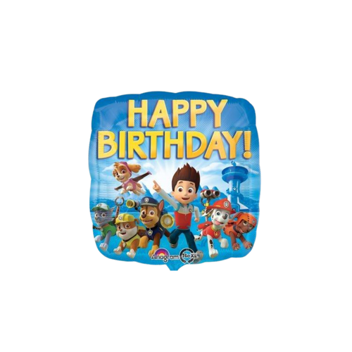 Blue Paw Patrol foil balloon with cartoon pups and Happy Birthday text for kids birthday party from Parte Haus party supply store in Bethesda Maryland