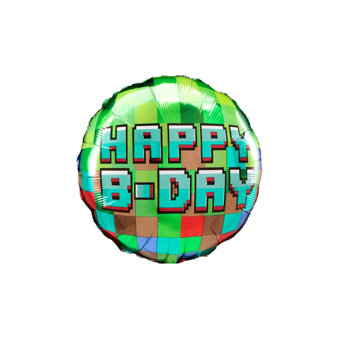 Green pixelated birthday balloon with happy b day text for gamer birthday from Parte Haus party supply store in Bethesda Maryland