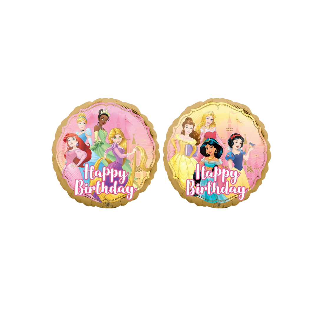 Pink and gold princess birthday foil balloon with cartoon princesses for fairytale celebration from Parte Haus party supply store in Bethesda Maryland