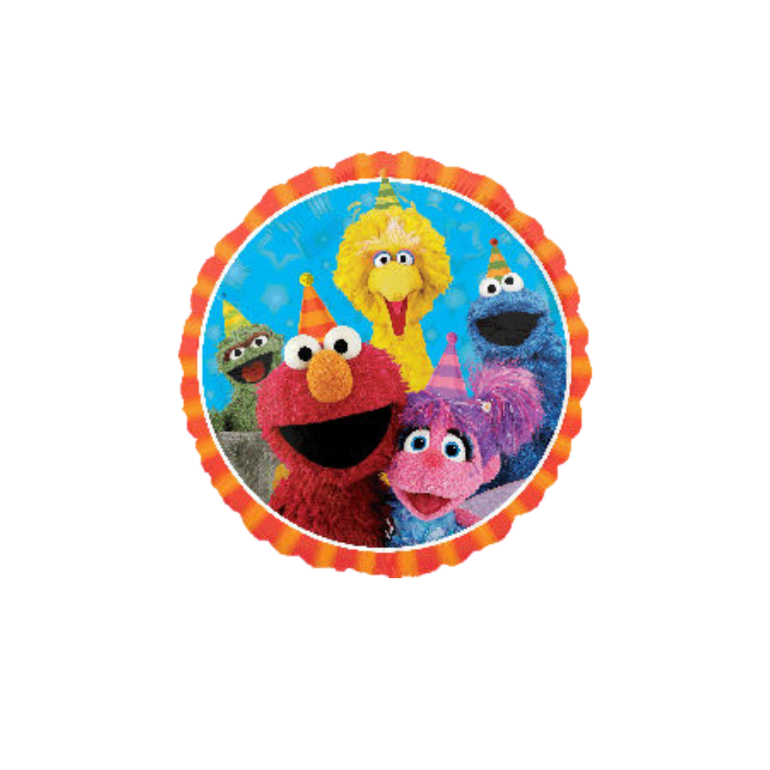 Multicolor Sesame Street balloon with characters in party hats birthday theme from Parte Haus party supply store in Bethesda MD