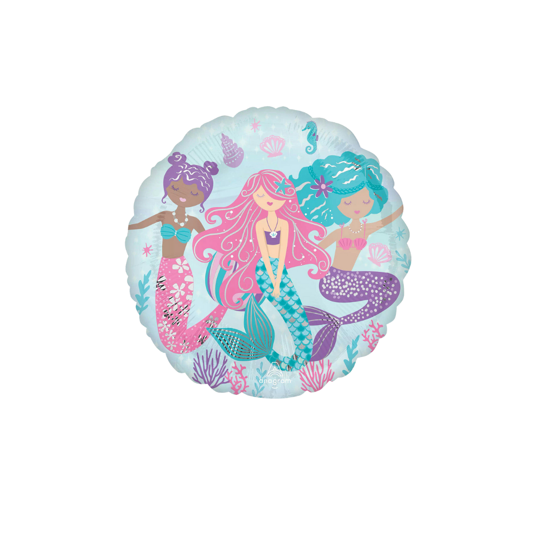 Blue mermaid foil balloon with three colorful mermaids for birthday from Parte Haus party supply store in Bethesda MD
