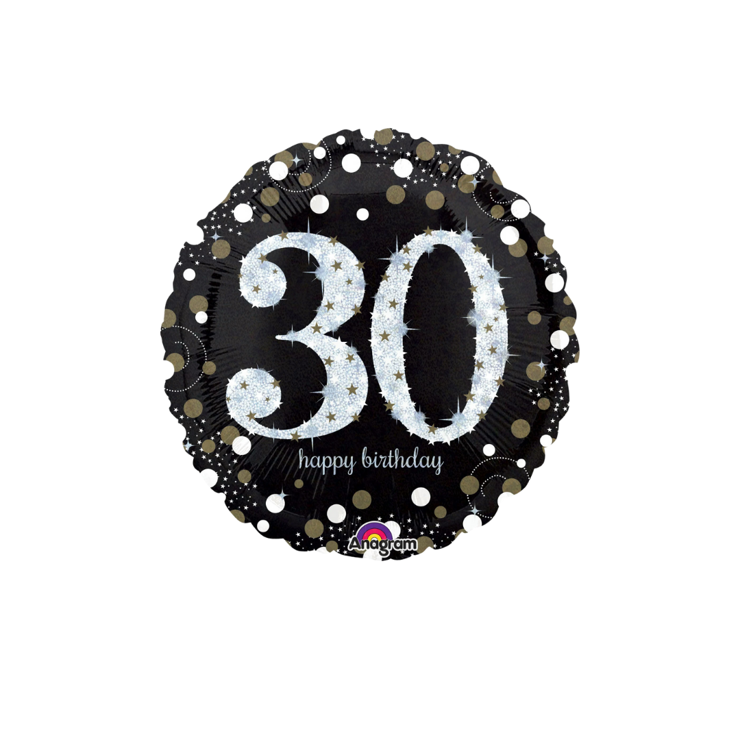 Black gold sparkling 30 balloon with happy birthday theme from Parte Haus party supply store in Bethesda MD