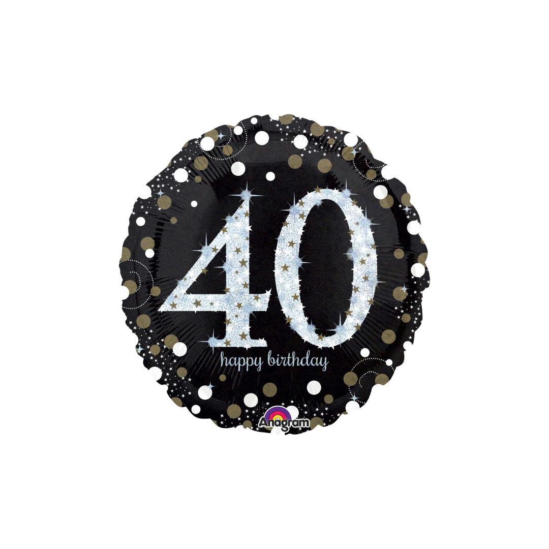 Black and gold 40 balloon with star accents for birthday celebration from Parte Haus party supply store in Bethesda MD