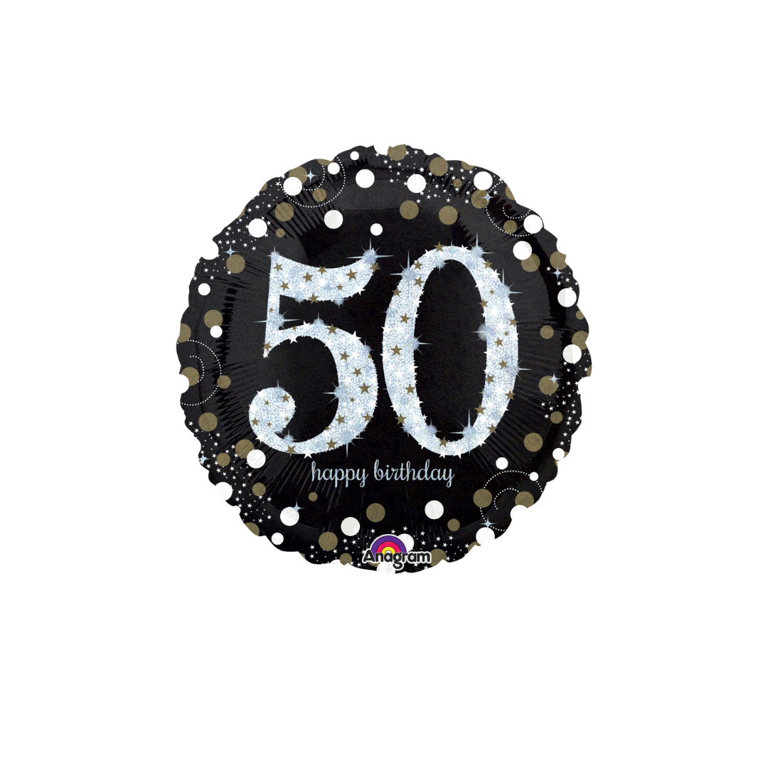 Black and gold round 50 balloon with stars for birthday at Parte Haus party supply store in Bethesda MD