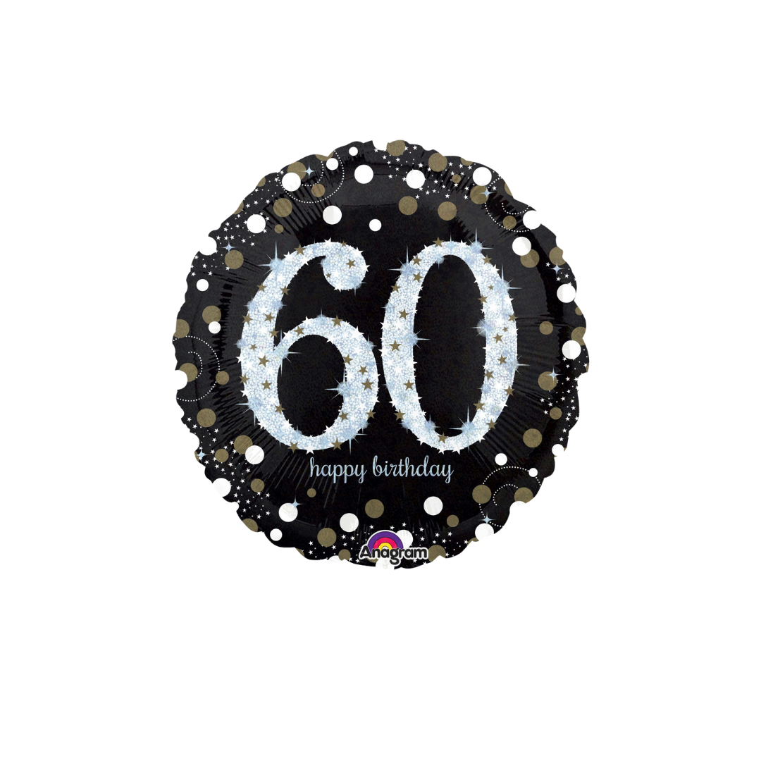 Black sparkling 60 balloon with white and gold dots for 60th birthday from Parte Haus party supply store in Bethesda MD