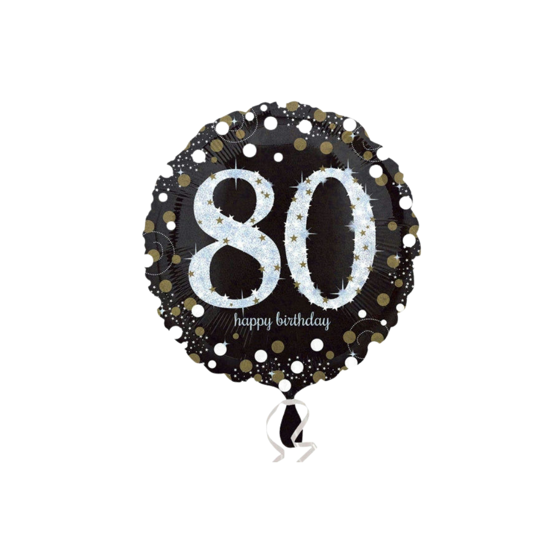 Black gold sparkling 80 balloon with star details birthday theme from Parte Haus party supply store in Bethesda Maryland