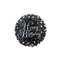 Black and gold round Happy Birthday balloon with confetti design birthday theme from Parte Haus party supply store in Bethesda Maryland