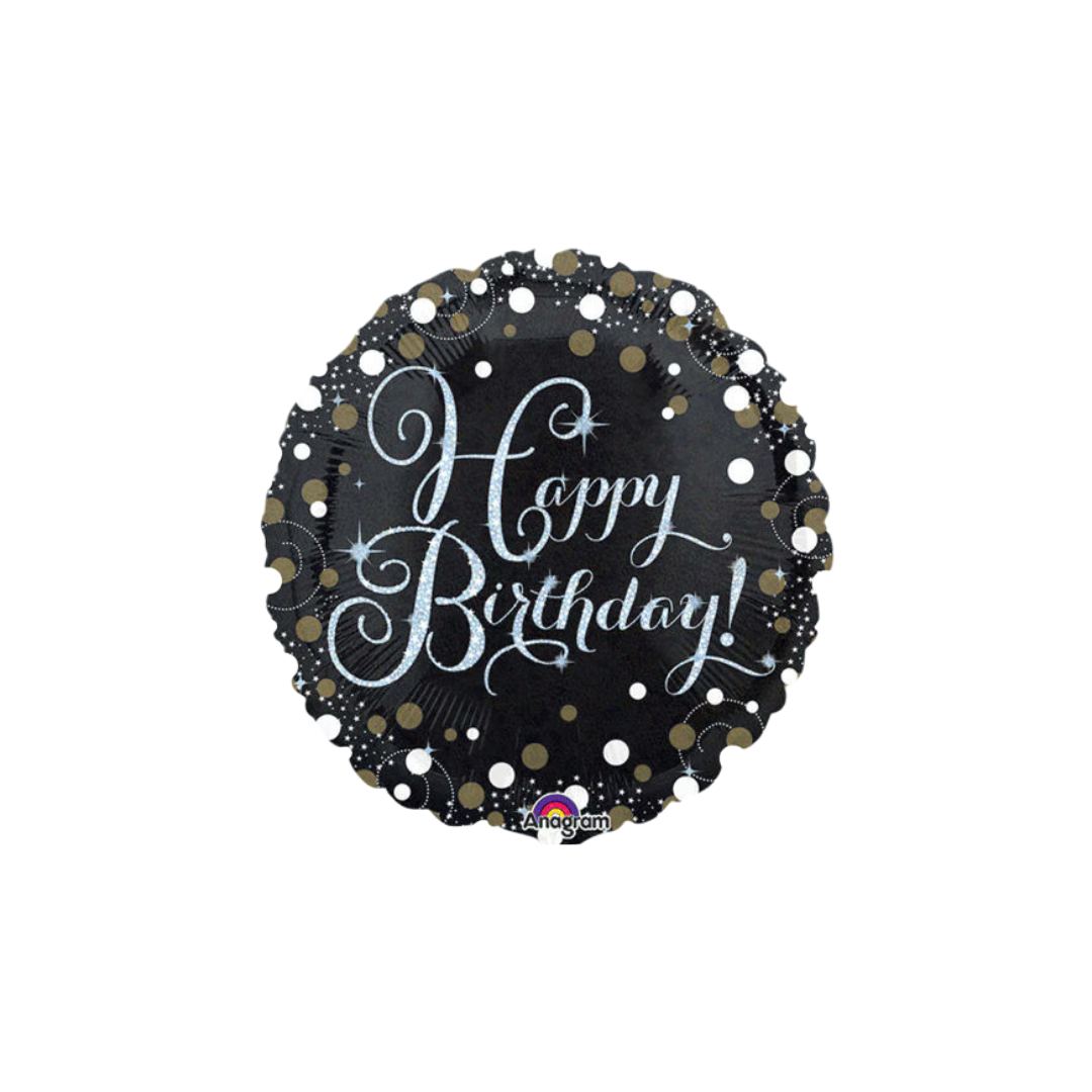 Black and gold round Happy Birthday balloon with confetti design birthday theme from Parte Haus party supply store in Bethesda Maryland