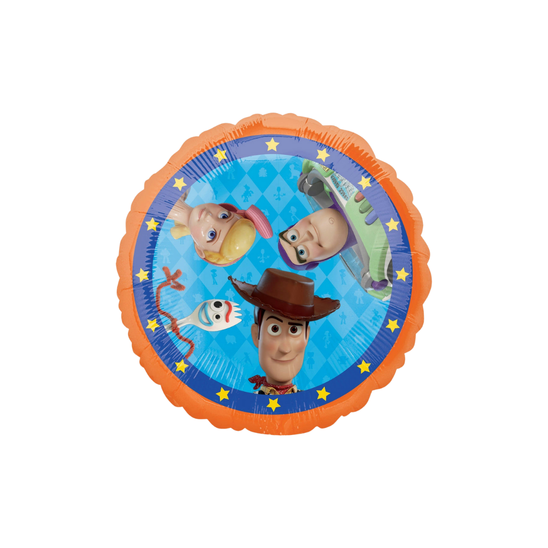 Blue and orange Toy Story 4 foil balloon with character images for birthday from Parte Haus party supply store in Bethesda MD.