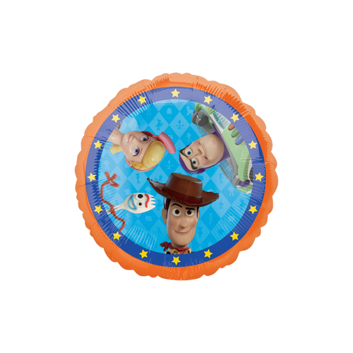 Blue and orange Toy Story 4 foil balloon with character images for birthday from Parte Haus party supply store in Bethesda MD.
