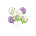 Purple and multicolor foil balloon bouquet with cute animal and Hello Baby graphics for baby shower from Parte Haus party supply store in Bethesda MD