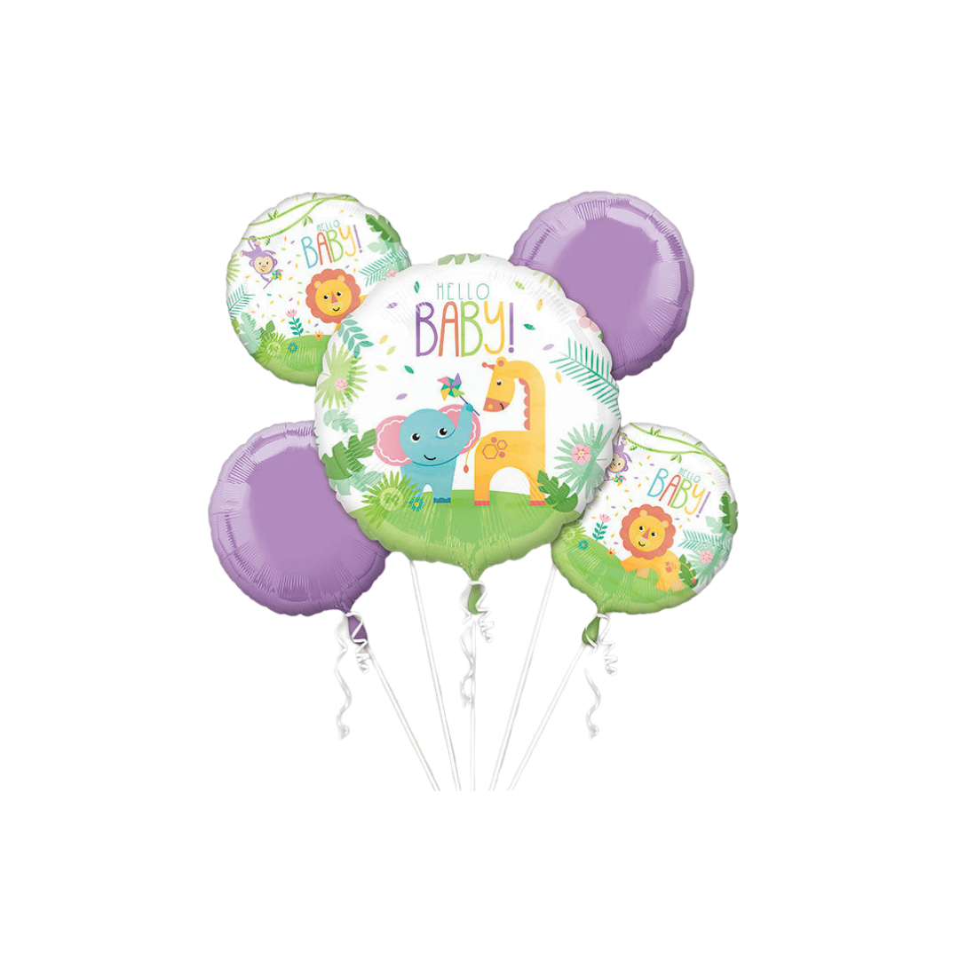 Purple and multicolor foil balloon bouquet with cute animal and Hello Baby graphics for baby shower from Parte Haus party supply store in Bethesda MD