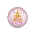 Pink and gold castle birthday foil balloon with star accents birthday theme from Parte Haus party supply store in Bethesda Maryland