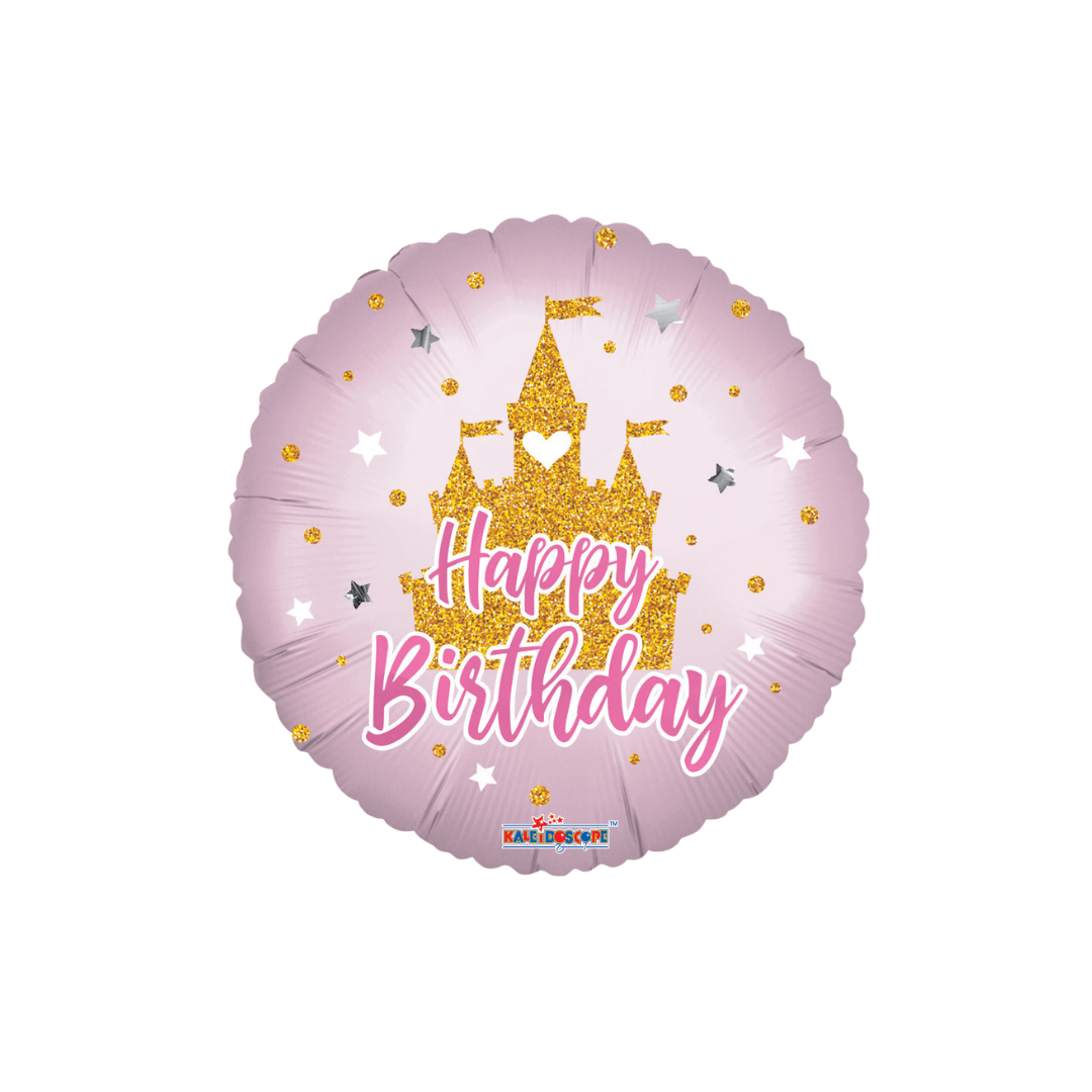 Pink and gold castle birthday foil balloon with star accents birthday theme from Parte Haus party supply store in Bethesda Maryland