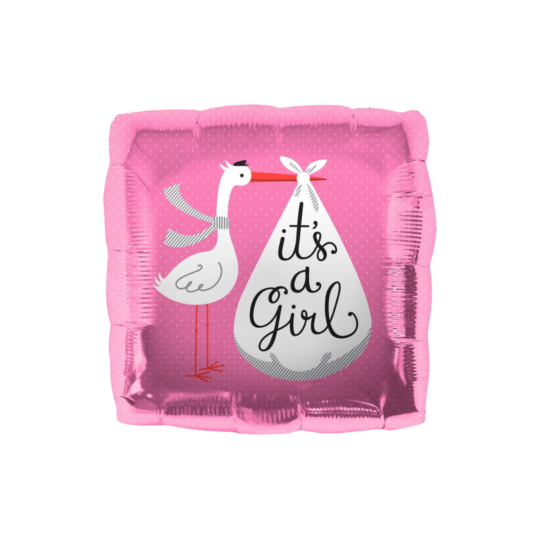 Pink foil balloon with a stork and it's a girl graphic for baby shower from Parte Haus party supply store in Bethesda MD.