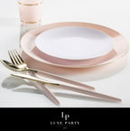 Blush pink and gold dinnerware set with modern plates and cutlery for elegant events from Parte Haus party supply store in Bethesda Maryland