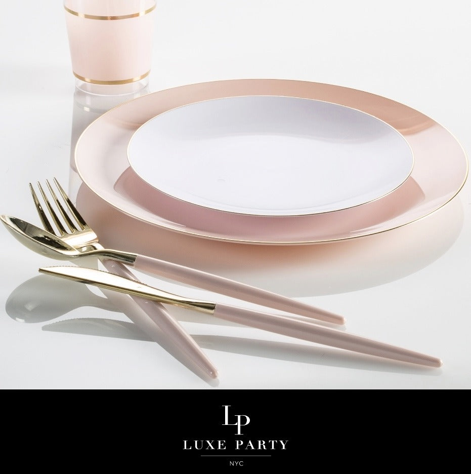 Blush pink and gold dinnerware set with modern plates and cutlery for elegant events from Parte Haus party supply store in Bethesda Maryland
