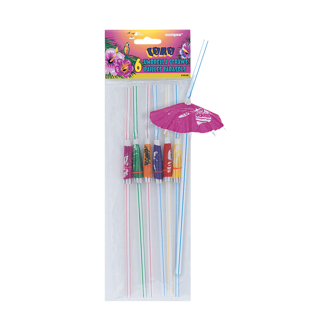 Assorted Colors Luau Umbrella Plastic Straws - 6 pk