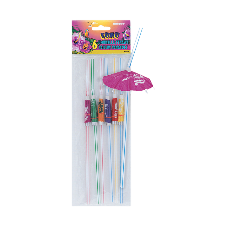 Assorted Colors Luau Umbrella Plastic Straws - 6 pk