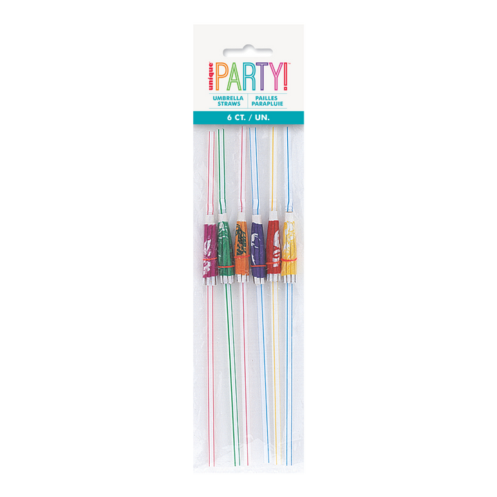 Assorted Colors Luau Umbrella Plastic Straws - 6 pk