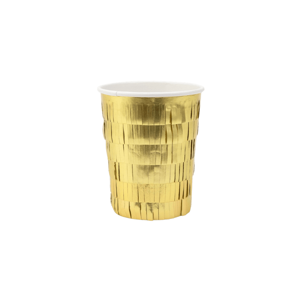 Gold fringe paper cup shiny metallic look birthday or celebration from Parte Haus party supply store in Bethesda MD