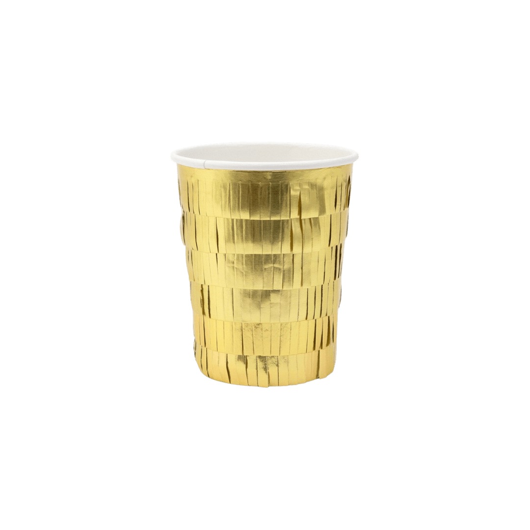 Gold fringe paper cup shiny metallic look birthday or celebration from Parte Haus party supply store in Bethesda MD