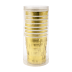 Gold metallic fringe cups stacked in clear plastic case celebration from Parte Haus party supply store in Bethesda MD