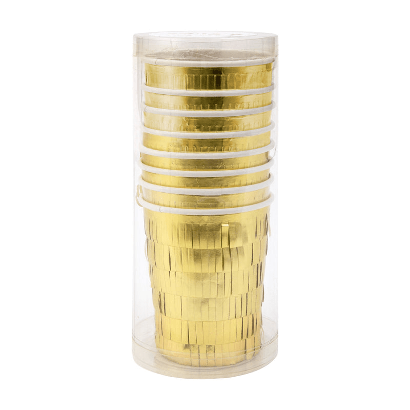 Gold metallic fringe cups stacked in clear plastic case celebration from Parte Haus party supply store in Bethesda MD