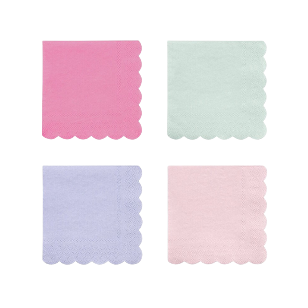 Pink mint purple and light pink scalloped napkins pastel tableware for birthday from Parte Haus party supply store in Bethesda Maryland