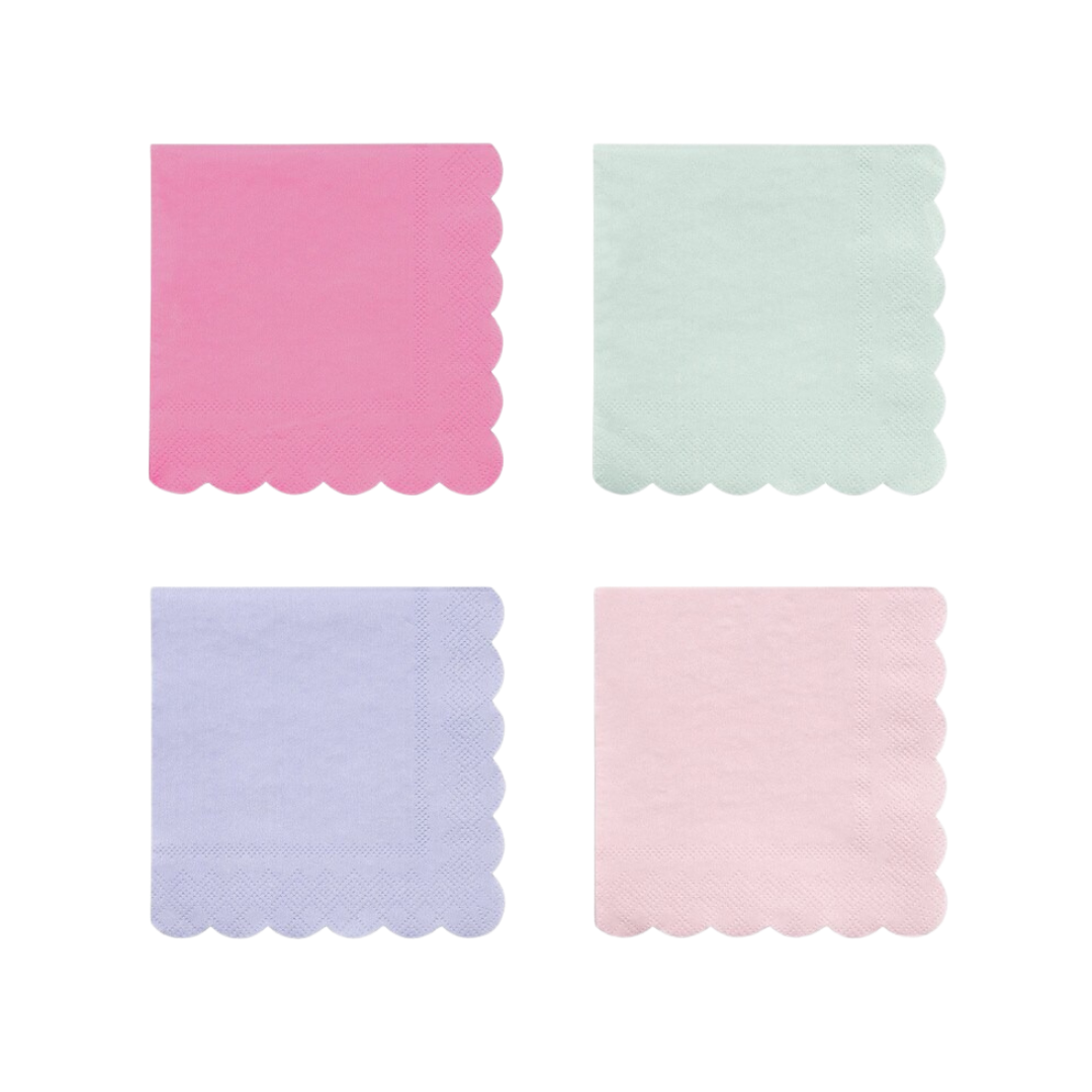 Pink mint purple and light pink scalloped napkins pastel tableware for birthday from Parte Haus party supply store in Bethesda Maryland