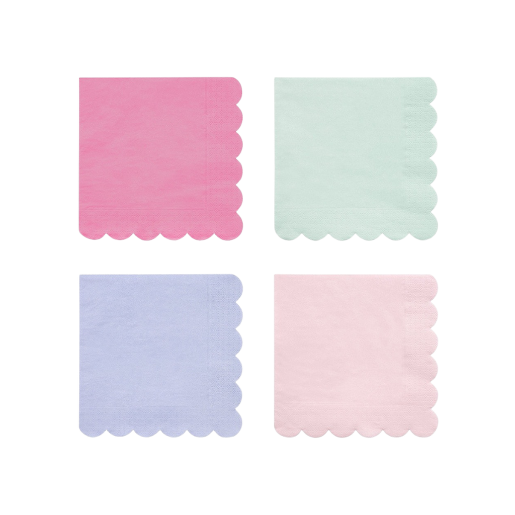 Pastel pink mint lavender and light pink napkins with scalloped edges birthday from Parte Haus party supply store in Bethesda MD