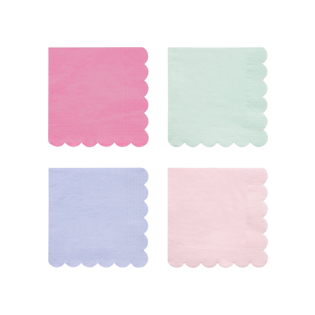 Pastel pink mint lavender and light pink napkins with scalloped edges birthday from Parte Haus party supply store in Bethesda MD