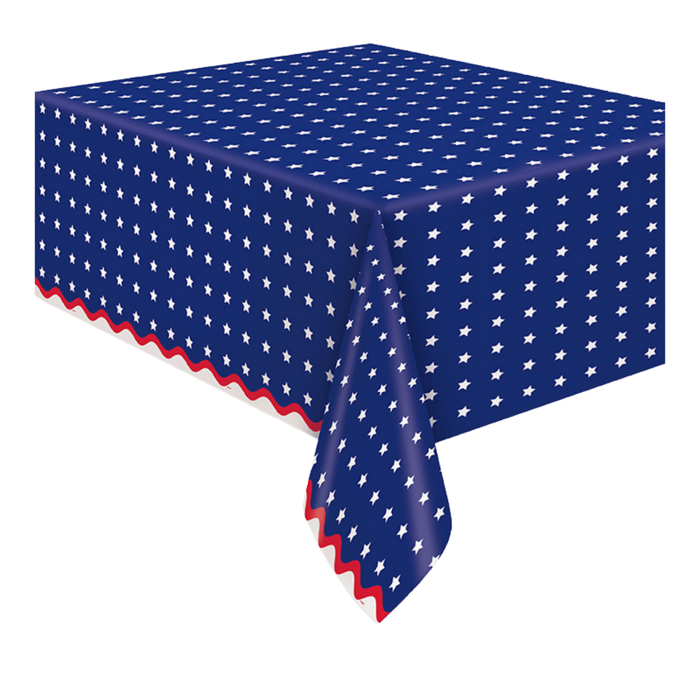 Blue patriotic table cover with white stars and red borders Fourth of July from Parte Haus party supply store in Bethesda MD