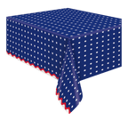 Blue patriotic table cover with white stars and red borders Fourth of July from Parte Haus party supply store in Bethesda MD
