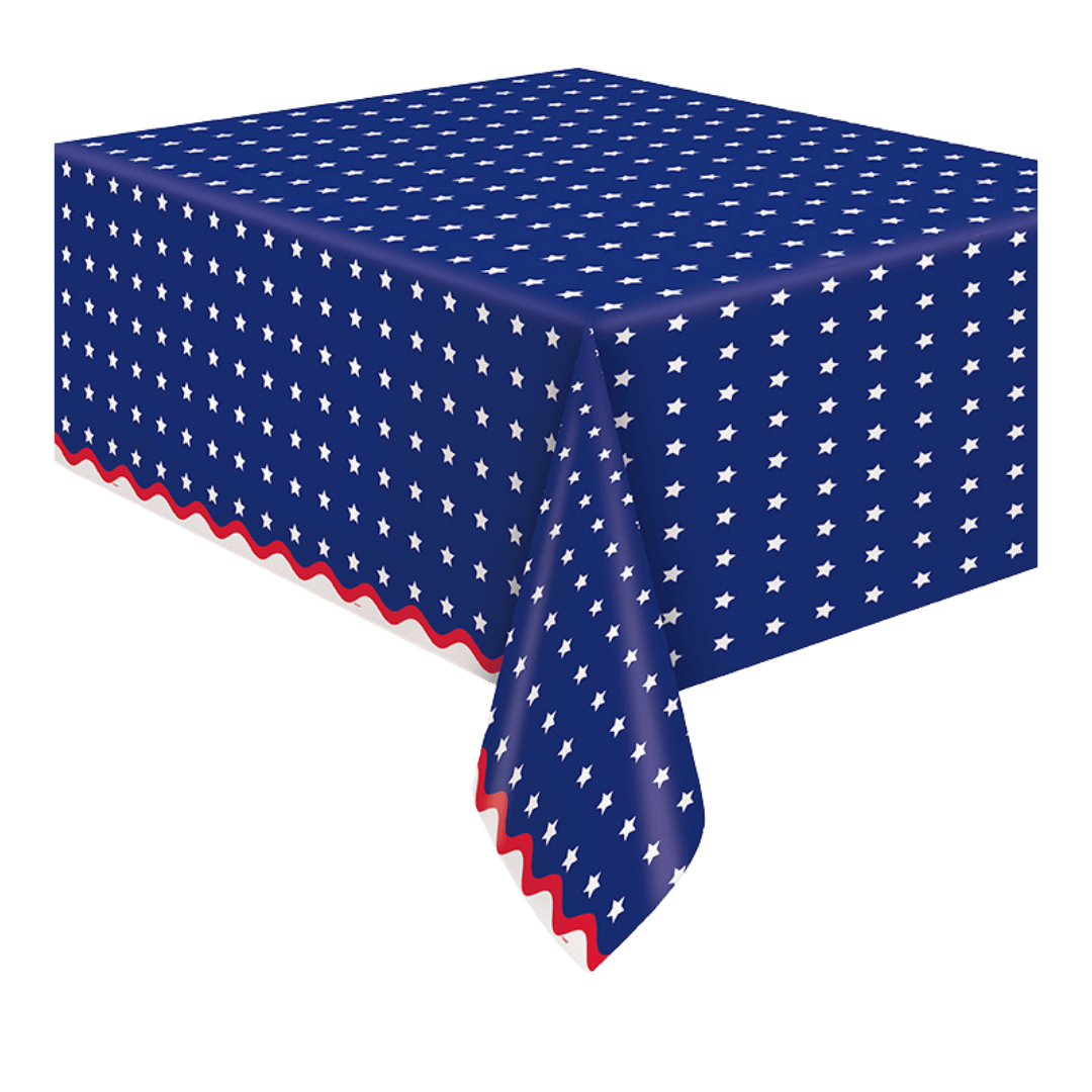 Blue patriotic table cover with white stars and red borders Fourth of July from Parte Haus party supply store in Bethesda MD