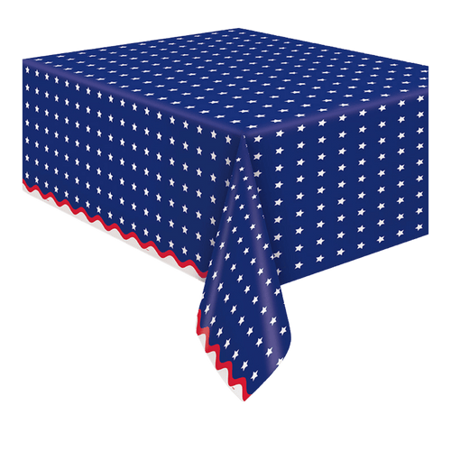 Blue patriotic table cover with white stars and red borders Fourth of July from Parte Haus party supply store in Bethesda MD