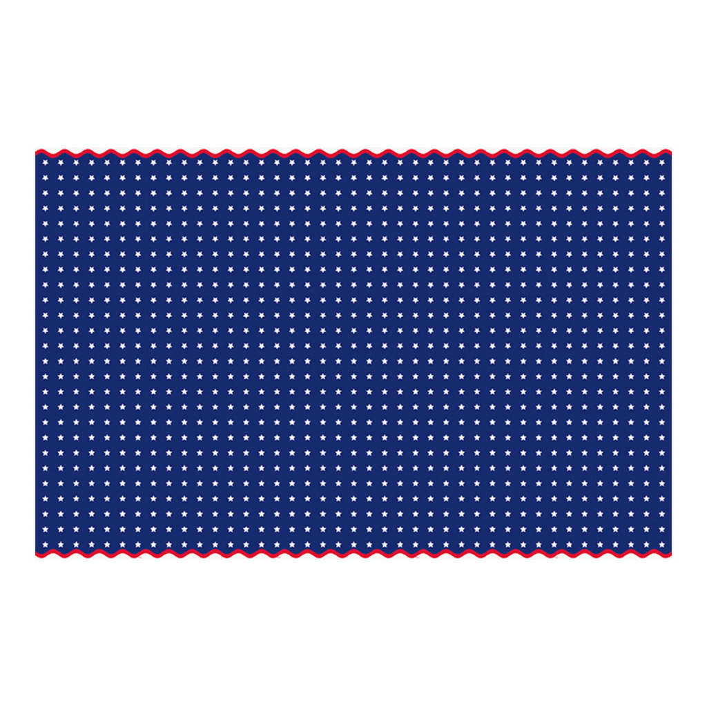 Blue star plastic table cover with white stars and red trim patriotic theme from Parte Haus party supply store in Bethesda MD