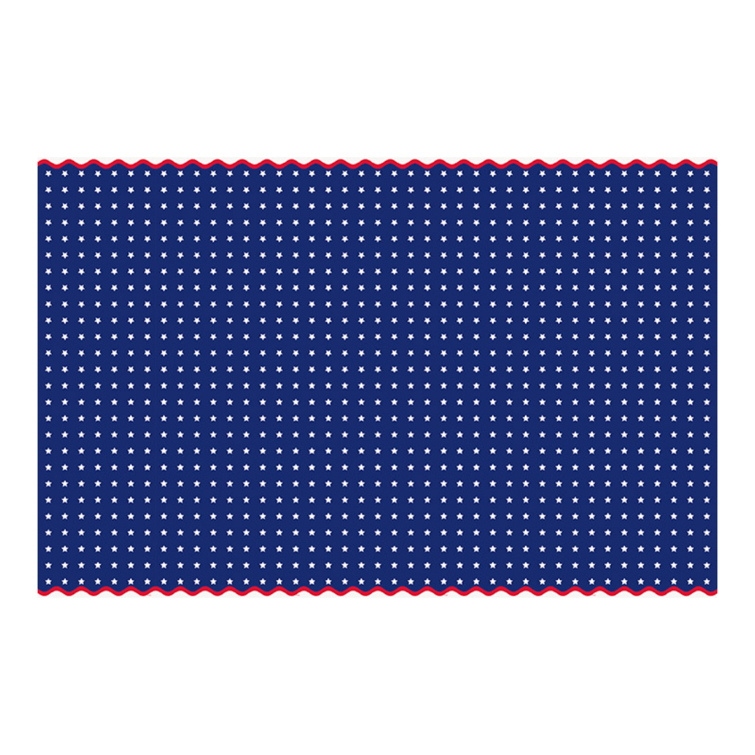 Blue star plastic table cover with white stars and red trim patriotic theme from Parte Haus party supply store in Bethesda MD