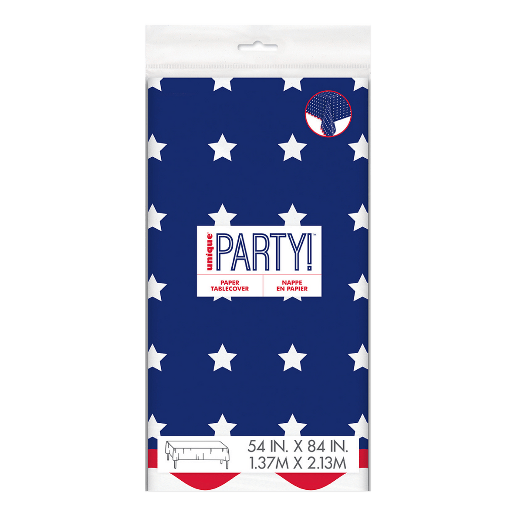 Blue and white star paper table cover patriotic theme from Parte Haus party supply store in Bethesda MD