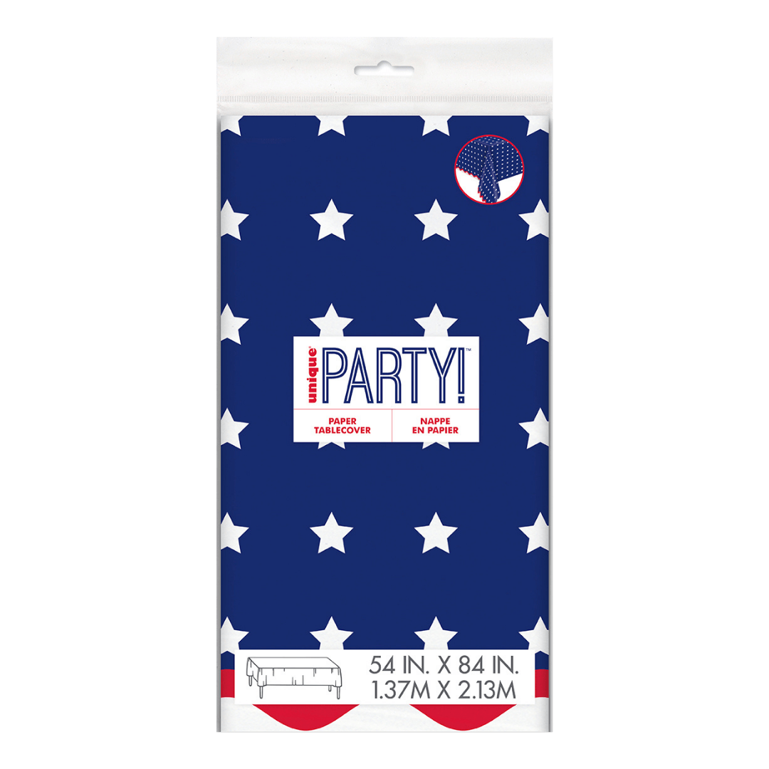 Blue and white star paper table cover patriotic theme from Parte Haus party supply store in Bethesda MD